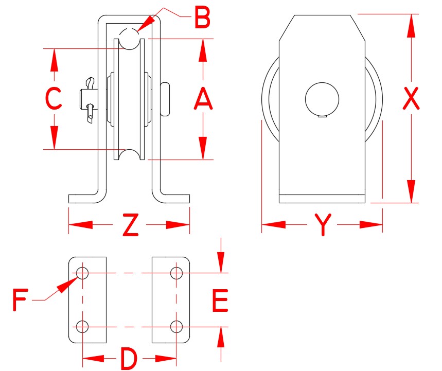 Stainless Steel Surface Mount Block (Rope), S0422-0050-R, S0422-0075-R, S0422-0100-R, Line Drawing
